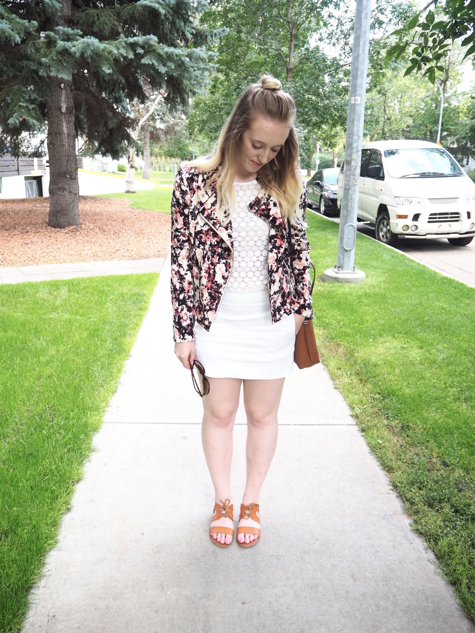 Floral Bomber - Strung in Gold {Aritzia Bomber, H&M Top, Joe Fresh Skirt, American Eagle Bag and Sandals}