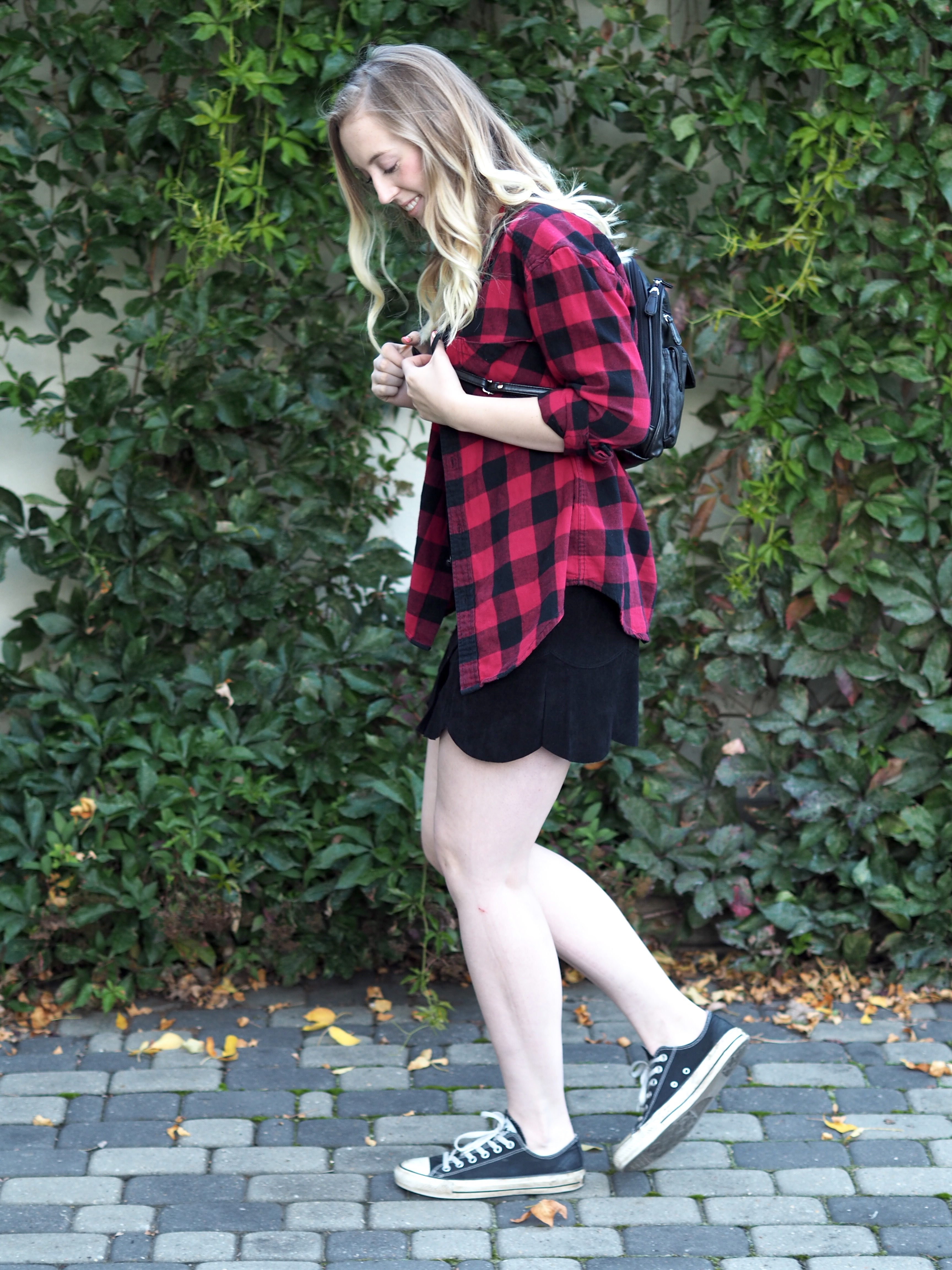 Day 2 Button Up Skirt and Plaid Shirt {American Eagle Skirt and Tank, Aritzia Plaid, Converse, Thrifted Backpack}