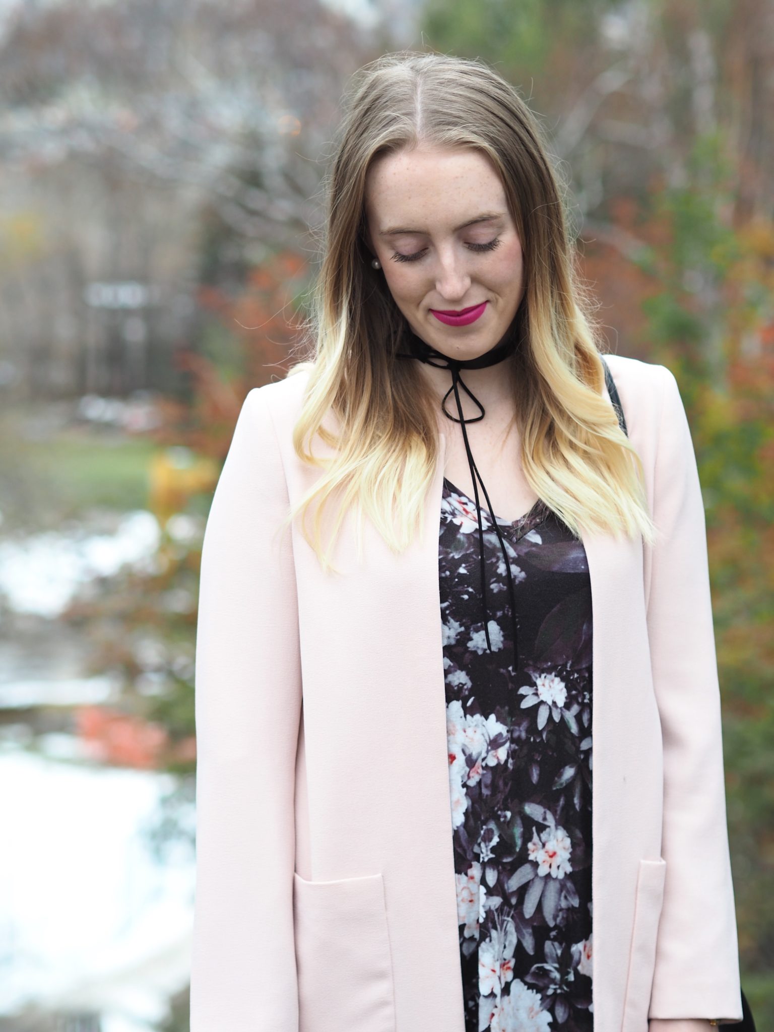 Fall Floral - Strung in Gold {H&M Jacket, Aritzia Floral Shirt, MAC Lipstick in Flat Out Fabulous, American Eagle Jeans, DUVAL Choker, Steve Madden Booties}