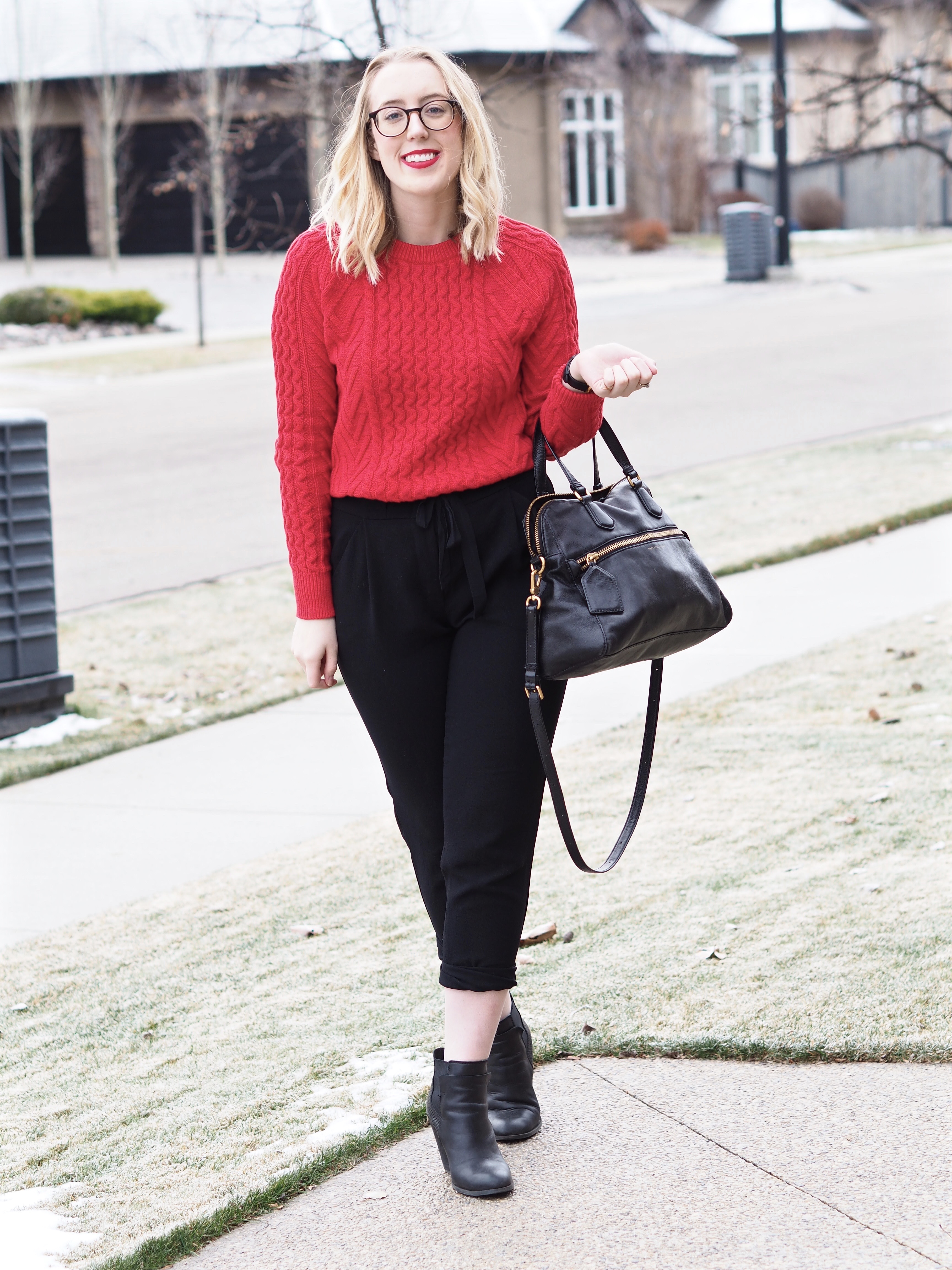 Red Cable Knit Sweater - Strung in Gold {Gap Sweater, Aritzia Joggers, Marc by Marc Jacobs Purse, Aldo Booties, MAC Lipstick}