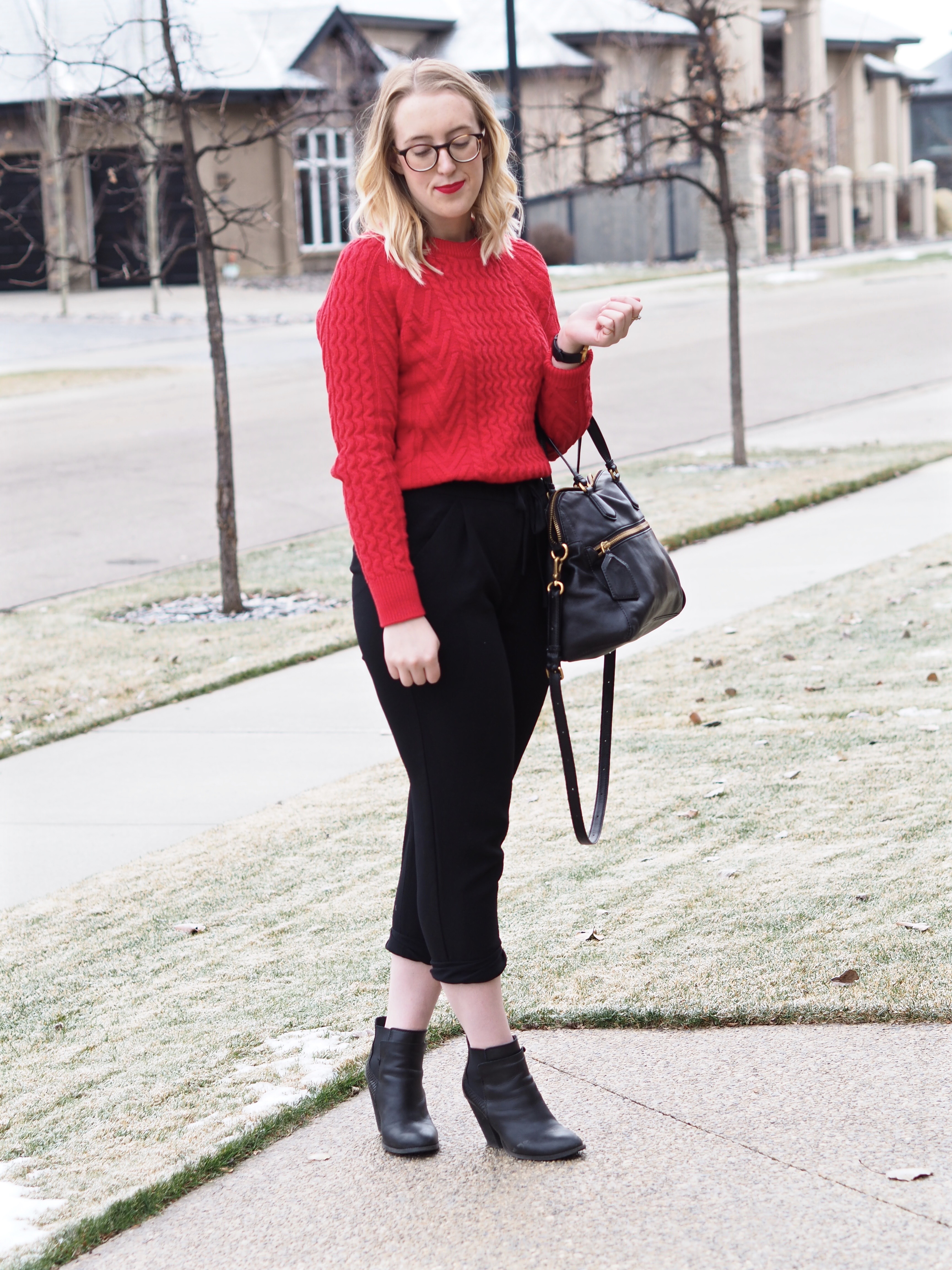 Red Cable Knit Sweater - Strung in Gold {Gap Sweater, Aritzia Joggers, Marc by Marc Jacobs Purse, Aldo Booties, MAC Lipstick}