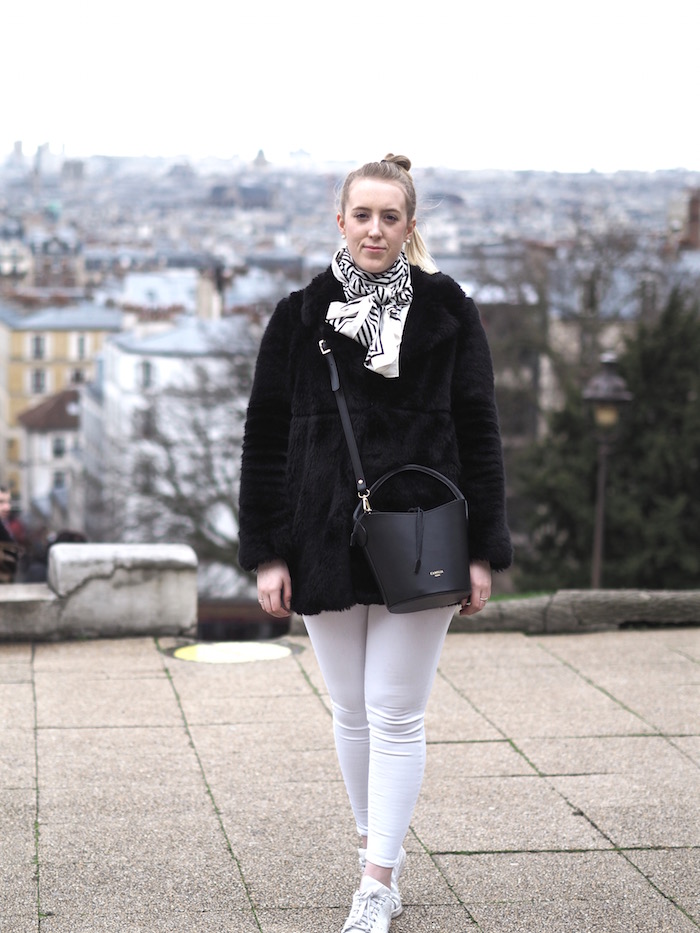 Paris Fashion Week - Black & White - Strungingold {Zara Faux Fur Coat, Old Navy Jeans, H&M Scarf, Camelia Roma Bucket Bag, Adidas Sneakers}