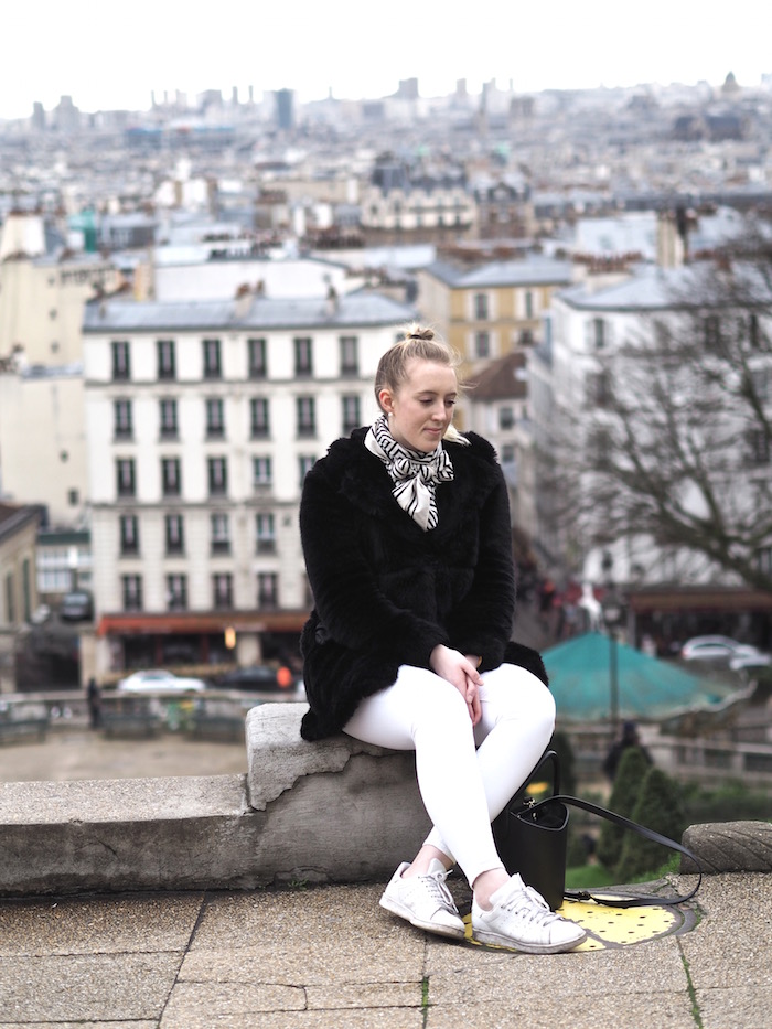 Paris Fashion Week - Black & White - Strungingold {Zara Faux Fur Coat, Old Navy Jeans, H&M Scarf, Camelia Roma Bucket Bag, Adidas Sneakers}