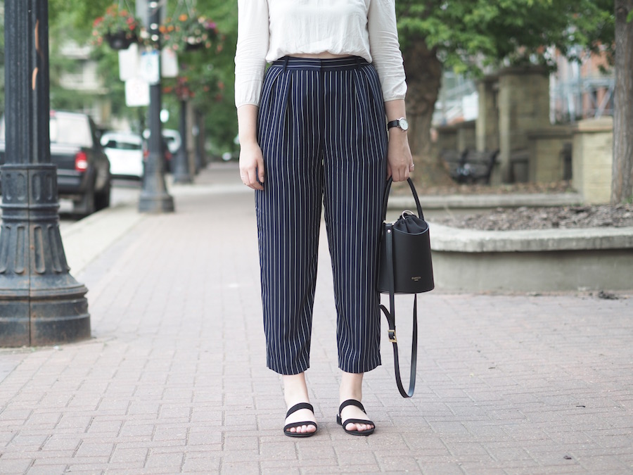 Striped Trousers - Strungingold {Aritzia Striped Trousers, Brandy Melville Off the Shoulder Top, Forever 21 Sandals, Camelia Roma Bucket Bag, Rayban Sunglasses}