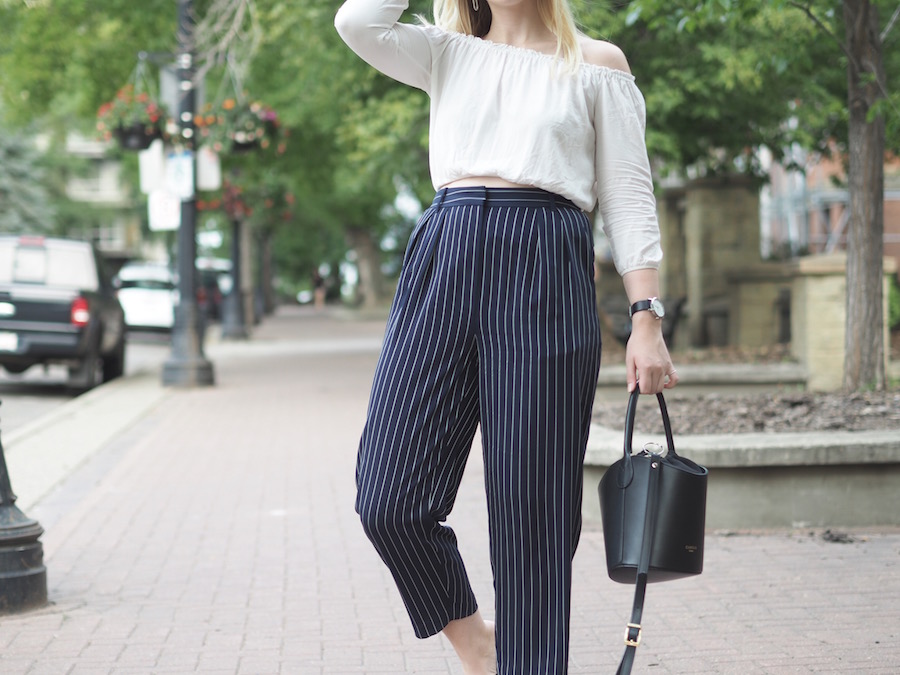 Striped Trousers - Strungingold {Aritzia Striped Trousers, Brandy Melville Off the Shoulder Top, Forever 21 Sandals, Camelia Roma Bucket Bag, Rayban Sunglasses}