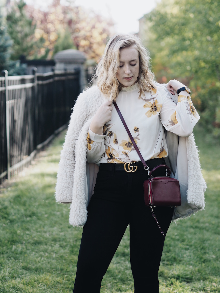 Marigold burgundy floral top yellow fall style aritzia wilfred