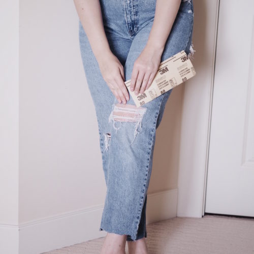 how to distress denim, how to make ripped jeans, distressed denim DIY, ripping thrifted jeans, 8 steps to distressing jeans