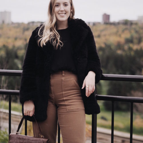 easy fall outfit, aritzia modern utility pant, vintage holt renfrew bag, how to wear brown