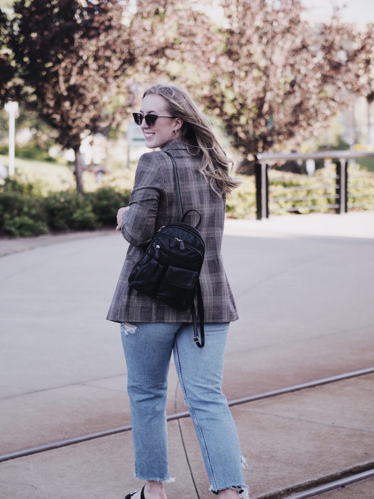 hm style, h&m plaid blazer, thrifted distressed denim, easy fall outfit, look back over the year