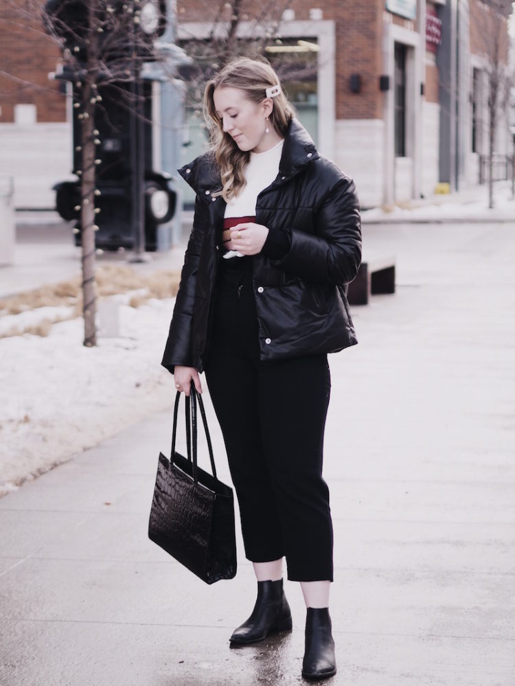 shop local edmonton, easy winter outfit, shop the skinny edmonton, how to wear a pearl barrette, easy outfits with the aritzia front tie pant