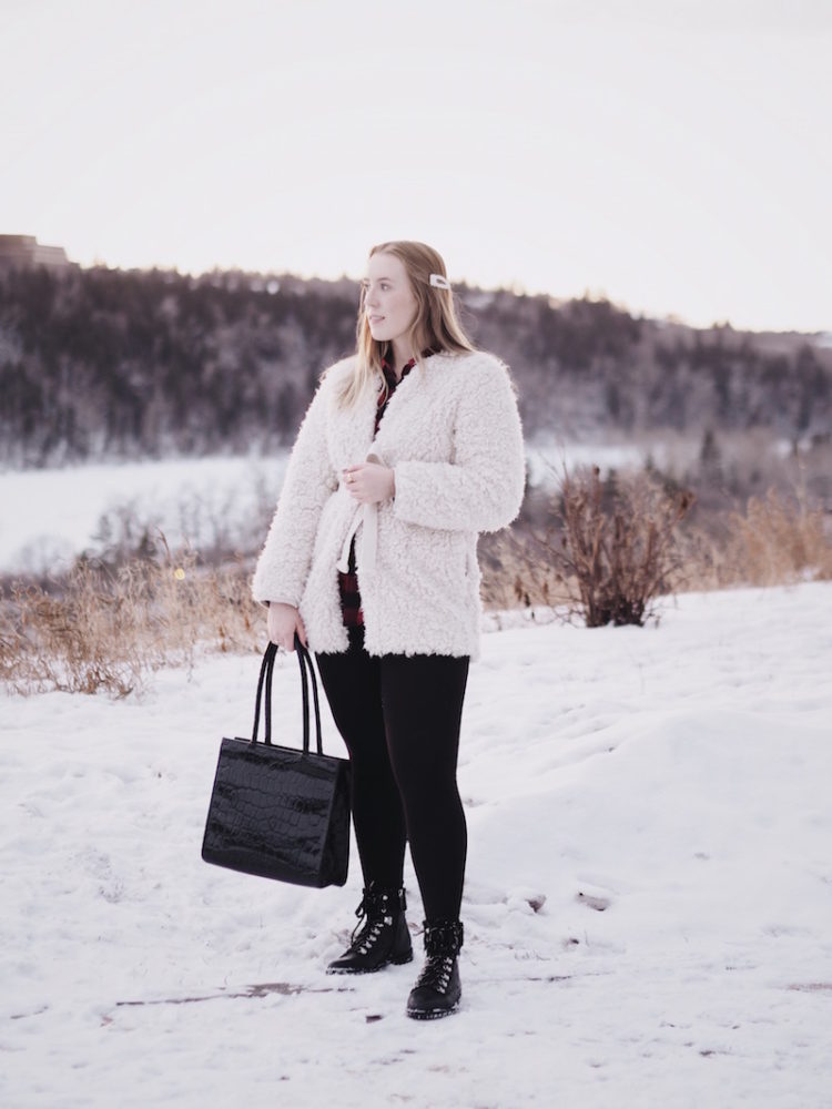 aritzia laboratoire coat, easy winter snowy ootd, how to style a pearl barrette, how to wear leggings without looking frumpy, best thrifted bags