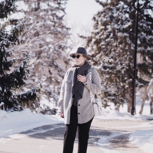 aritzia ganna jacket, easy casual winter ootd, how to wear the aritzia ganna jacket, styling the aritzia wilfred front tie pant, how to look cute in the snow, how to look cute in the winter