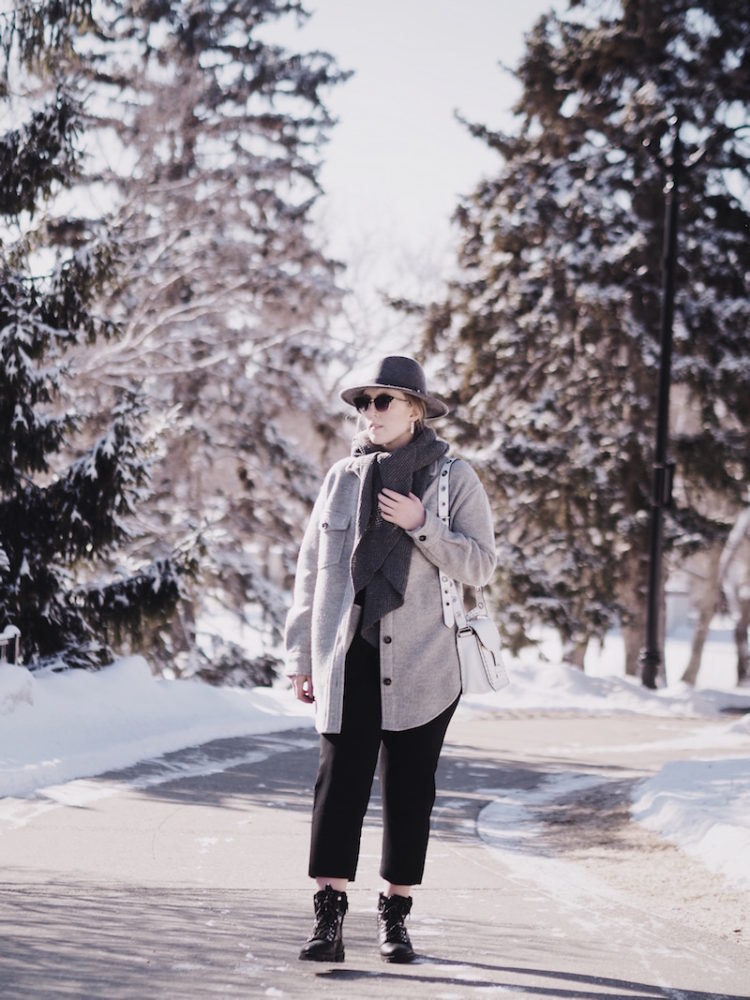 aritzia ganna jacket, easy casual winter ootd, how to wear the aritzia ganna jacket, styling the aritzia wilfred front tie pant, how to look cute in the snow, how to look cute in the winter